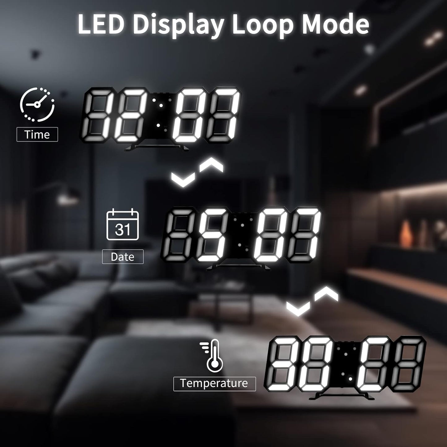 ubess 3D LED Digital Clock β Modern Digital Wall & Desk Clock with Snooze, Temperature Display, Stylish Bedroom Decor