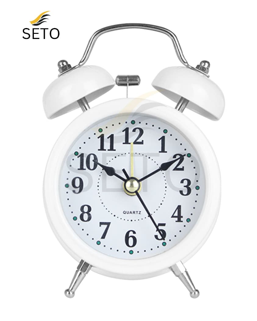Mini Twin Bell Alarm Clock – Loud Retro Vintage Bedside Table Clock with Silent Quartz Movement – Available in Pink, Green, Blue, Red, White & Black”