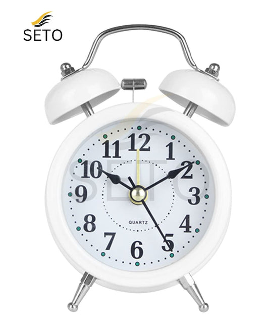 Mini Twin Bell Alarm Clock – Loud Retro Vintage Bedside Table Clock with Silent Quartz Movement – Available in Pink, Green, Blue, Red, White & Black”