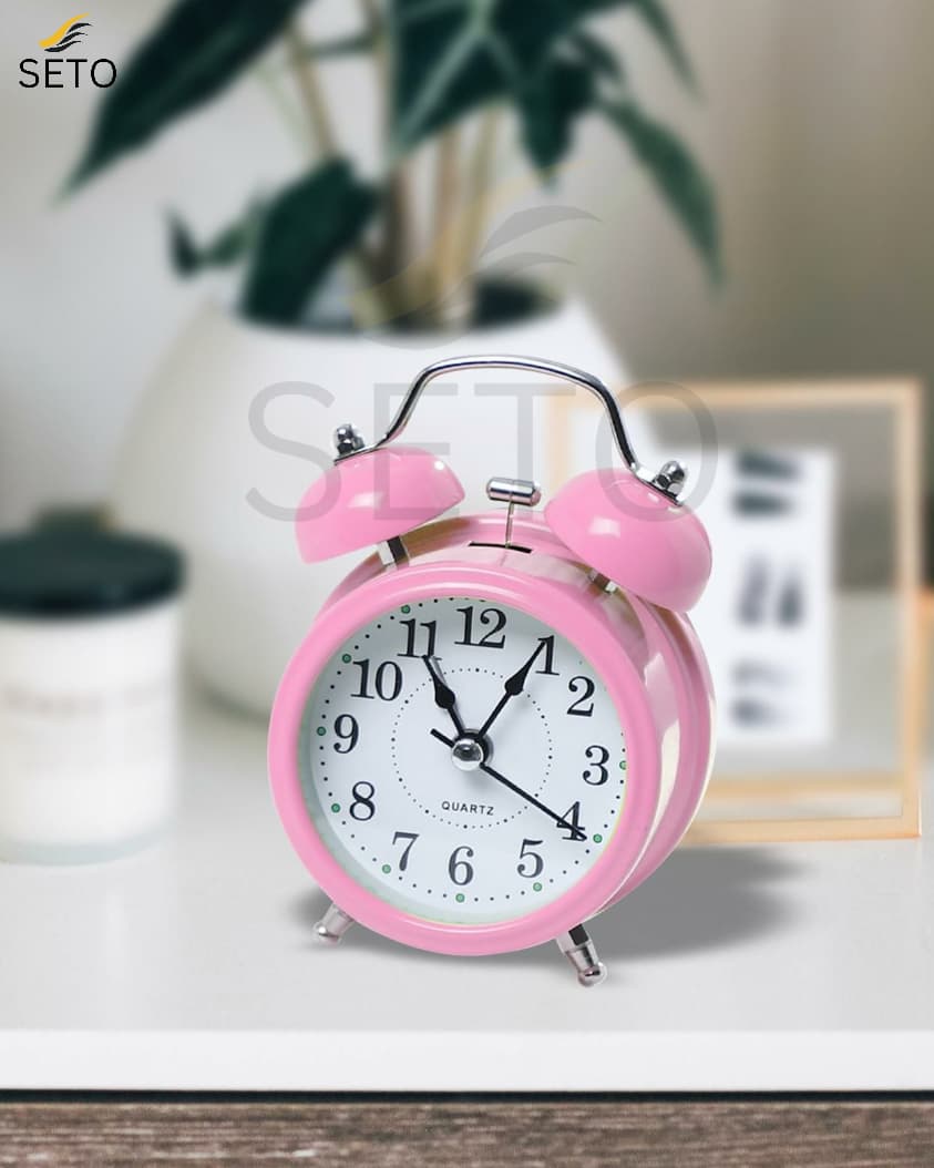 Mini Twin Bell Alarm Clock – Loud Retro Vintage Bedside Table Clock with Silent Quartz Movement – Available in Pink, Green, Blue, Red, White & Black”