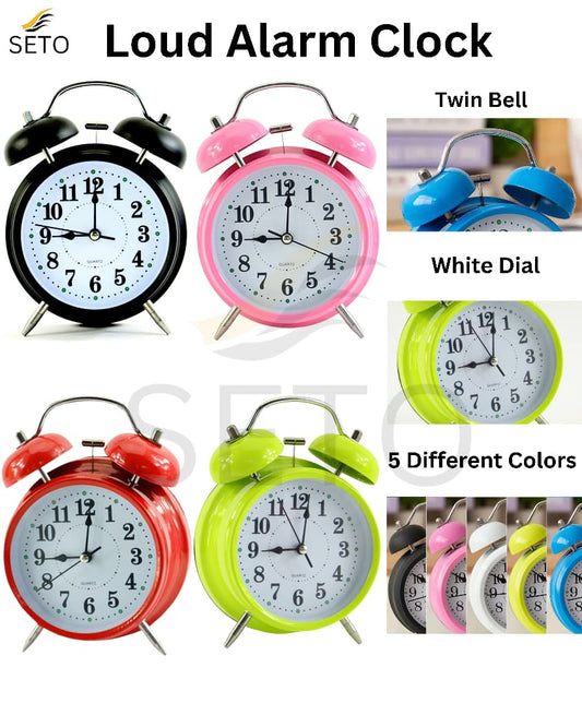 Twin Bell Loud Alarm Clock , Big Dial Metal Frame with LED Backlight, Silent Quartz Sweep Analog Bedside Desk Table Clock, Battery Operated for Home, Office & Bedroom