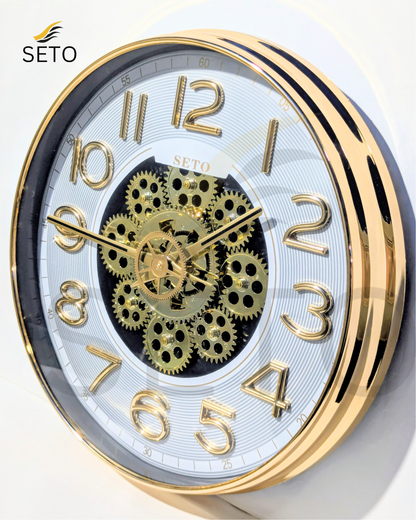 [SETO] 14 Inch Moving Gear Wall Clock Luxury Golden Black & White | Silent Quartz Decorative Wall Clock for Bedroom, Living Room & Office | Rotating Gear Design Premium Wall Clock