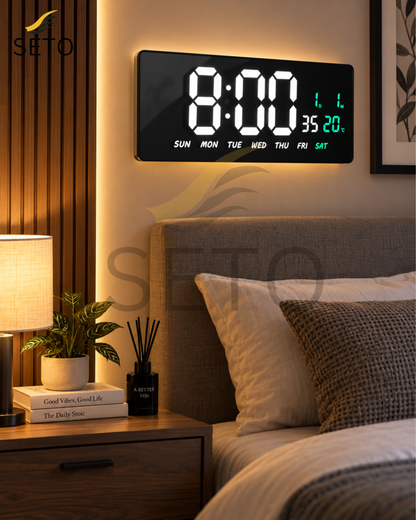 SETO 15 Inch LED Digital Wall Clock | Large Display Digital Alarm Clock with Date, Day & Temperature | 12/24H Wall Mounted Clock for Bedroom, Office & Home