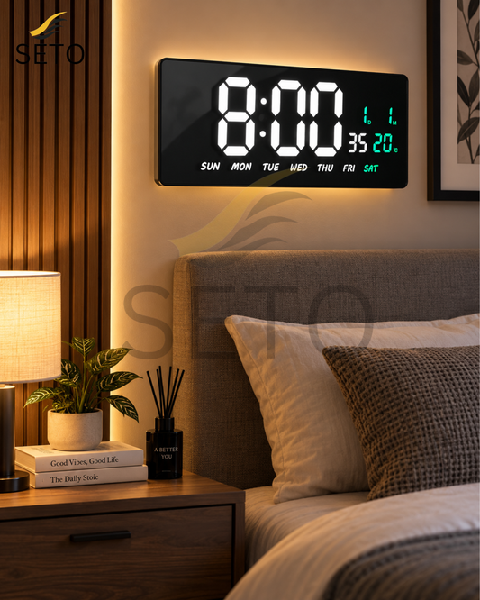 SETO 15 Inch LED Digital Wall Clock | Large Display Digital Alarm Clock with Date, Day & Temperature | 12/24H Wall Mounted Clock for Bedroom, Office & Home