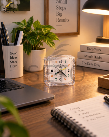 SETO Mini Alarm Clock | Cute Analog Bedside Table Clock | Small Desk Clock for Bedroom, Office & Study Table | Classic Decorative Clock