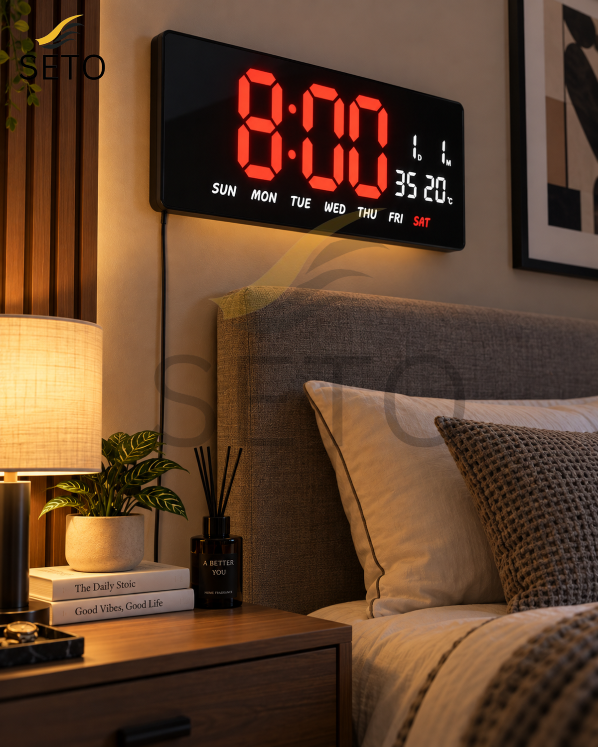 SETO 15 Inch LED Digital Wall Clock | Large Display Digital Alarm Clock with Date, Day & Temperature | 12/24H Wall Mounted Clock for Bedroom, Office & Home