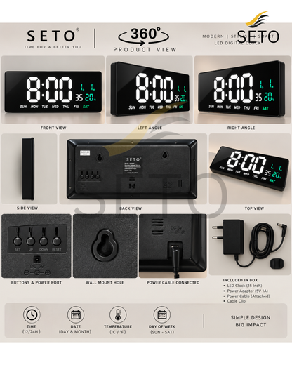 SETO 15 Inch LED Digital Wall Clock | Large Display Digital Alarm Clock with Date, Day & Temperature | 12/24H Wall Mounted Clock for Bedroom, Office & Home