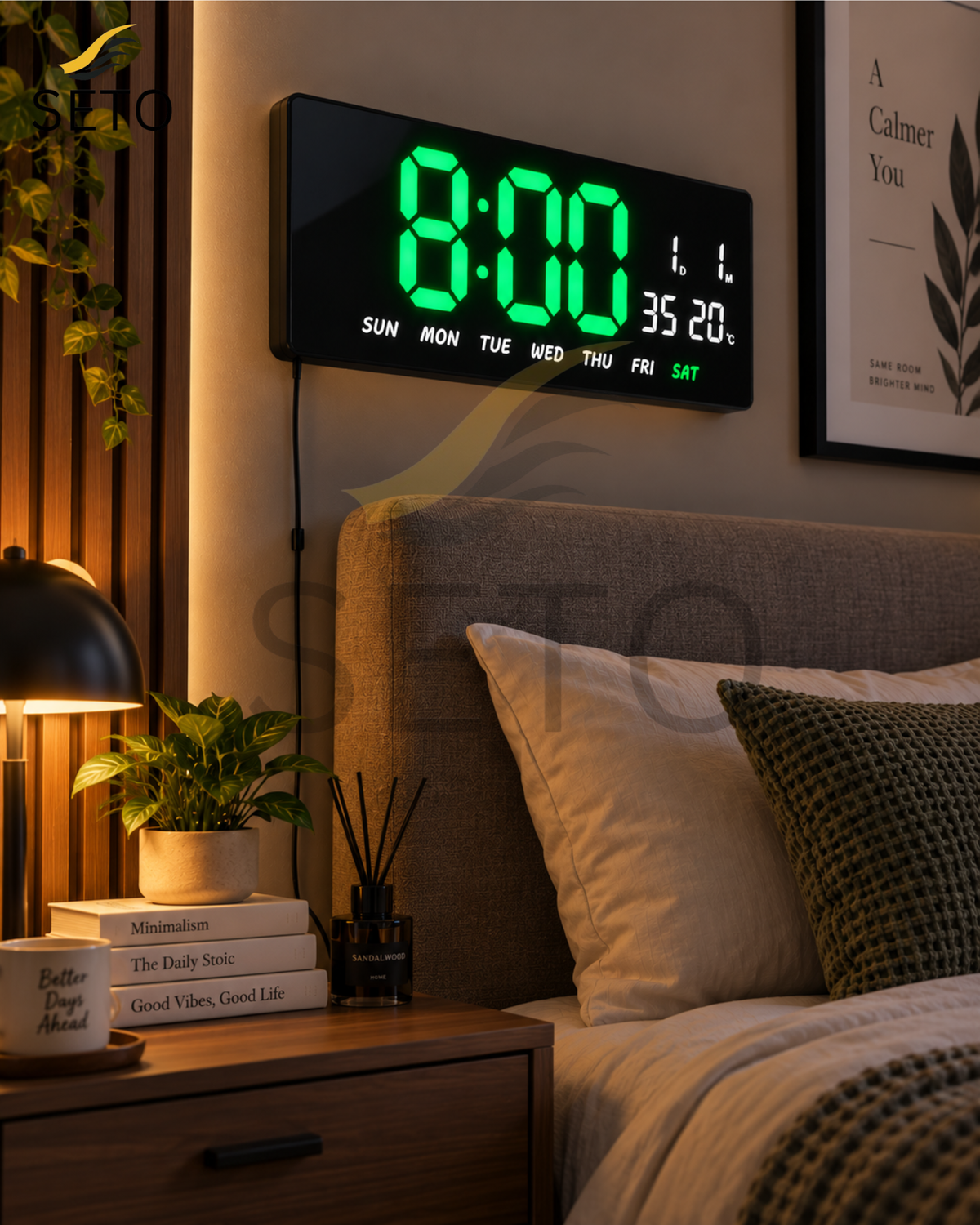 SETO 15 Inch LED Digital Wall Clock | Large Display Digital Alarm Clock with Date, Day & Temperature | 12/24H Wall Mounted Clock for Bedroom, Office & Home