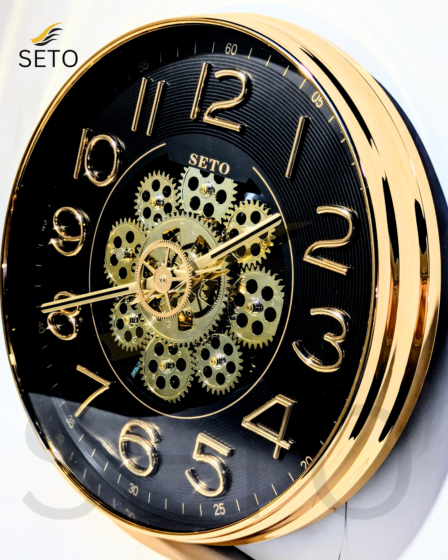 [SETO] 14 Inch Moving Gear Wall Clock Luxury Golden Black & White | Silent Quartz Decorative Wall Clock for Bedroom, Living Room & Office | Rotating Gear Design Premium Wall Clock