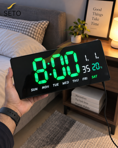 SETO 15 Inch LED Digital Wall Clock | Large Display Digital Alarm Clock with Date, Day & Temperature | 12/24H Wall Mounted Clock for Bedroom, Office & Home
