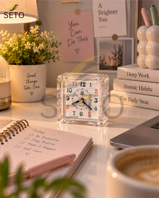 SETO Mini Alarm Clock | Cute Analog Bedside Table Clock | Small Desk Clock for Bedroom, Office & Study Table | Classic Decorative Clock