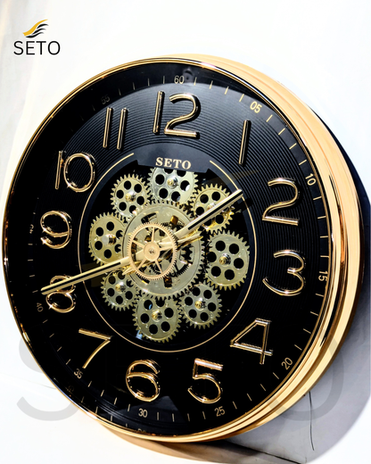 [SETO] 14 Inch Moving Gear Wall Clock Luxury Golden Black & White | Silent Quartz Decorative Wall Clock for Bedroom, Living Room & Office | Rotating Gear Design Premium Wall Clock