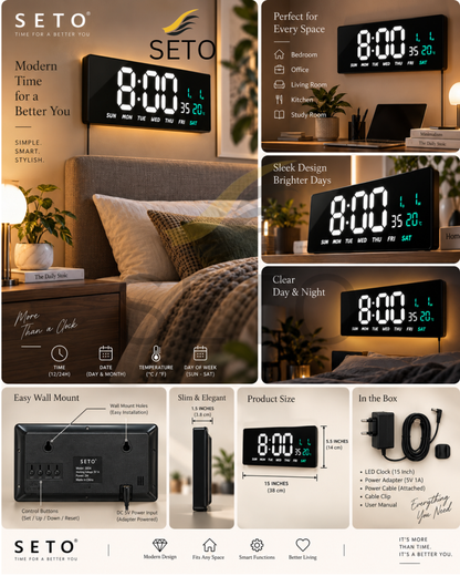 SETO 15 Inch LED Digital Wall Clock | Large Display Digital Alarm Clock with Date, Day & Temperature | 12/24H Wall Mounted Clock for Bedroom, Office & Home