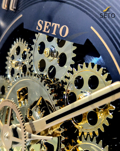 [SETO] 14 Inch Moving Gear Wall Clock Luxury Golden Black & White | Silent Quartz Decorative Wall Clock for Bedroom, Living Room & Office | Rotating Gear Design Premium Wall Clock