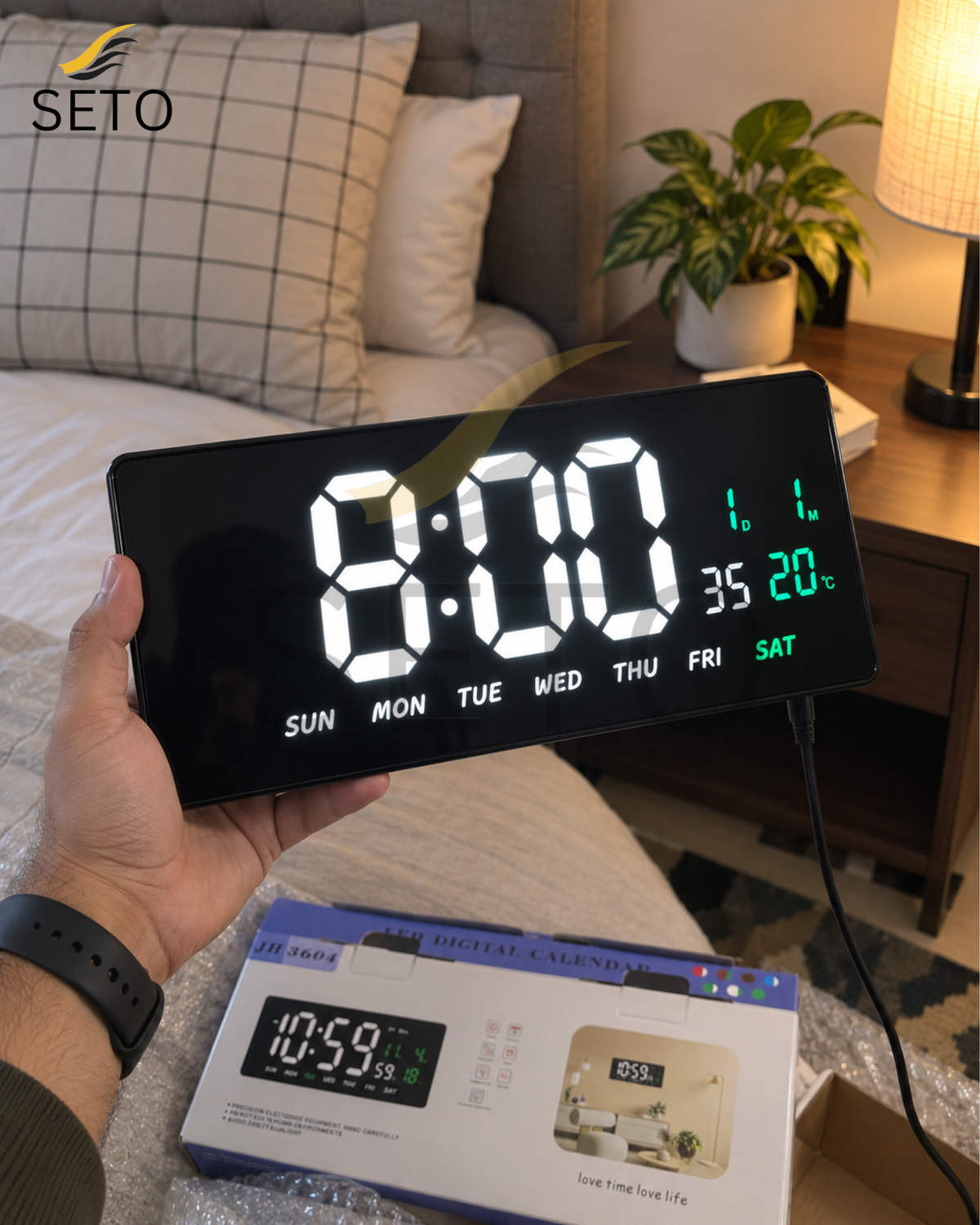 SETO 15 Inch LED Digital Wall Clock | Large Display Digital Alarm Clock with Date, Day & Temperature | 12/24H Wall Mounted Clock for Bedroom, Office & Home