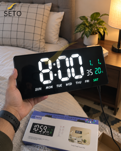 SETO 15 Inch LED Digital Wall Clock | Large Display Digital Alarm Clock with Date, Day & Temperature | 12/24H Wall Mounted Clock for Bedroom, Office & Home