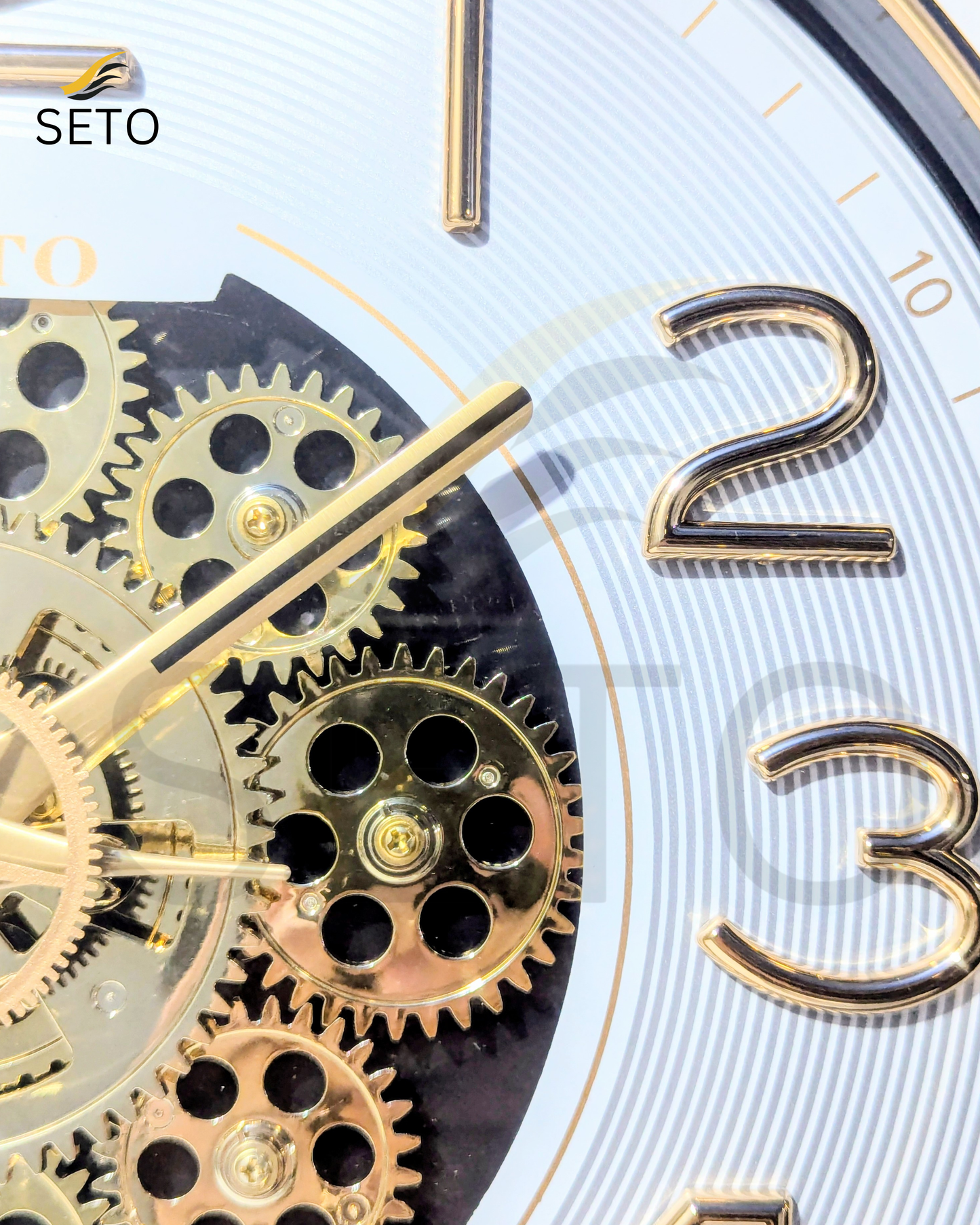 [SETO] 14 Inch Moving Gear Wall Clock Luxury Golden Black & White | Silent Quartz Decorative Wall Clock for Bedroom, Living Room & Office | Rotating Gear Design Premium Wall Clock