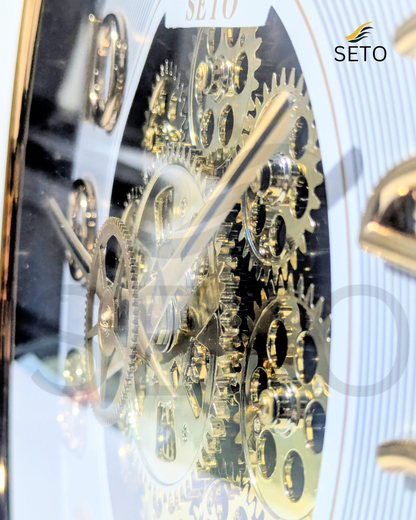 [SETO] 14 Inch Moving Gear Wall Clock Luxury Golden Black & White | Silent Quartz Decorative Wall Clock for Bedroom, Living Room & Office | Rotating Gear Design Premium Wall Clock