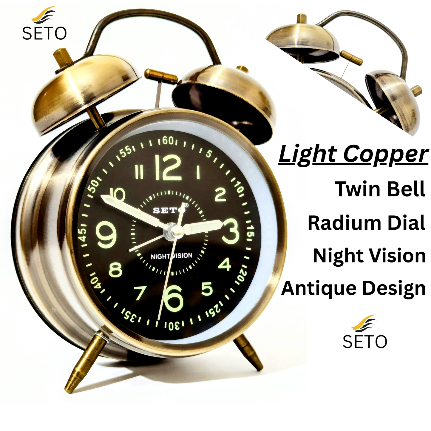 [SETO] Super Loud Twin Bell Alarm Clock with Night Light – Retro Silent Bedside Table Clock for Home & Bedroom