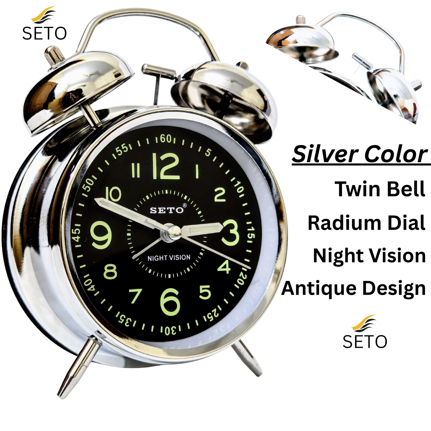 [SETO] Super Loud Twin Bell Alarm Clock with Night Light – Retro Silent Bedside Table Clock for Home & Bedroom