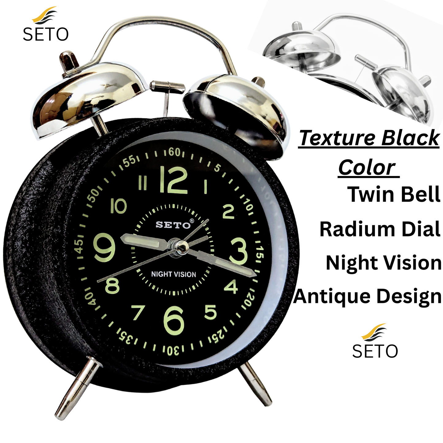 [SETO] Super Loud Twin Bell Alarm Clock with Night Light – Retro Silent Bedside Table Clock for Home & Bedroom