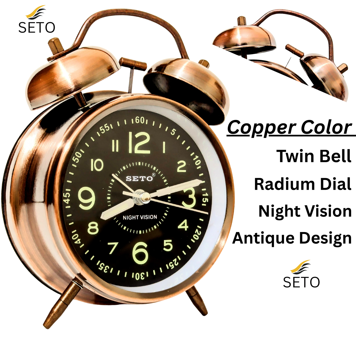 [SETO] Super Loud Twin Bell Alarm Clock with Night Light – Retro Silent Bedside Table Clock for Home & Bedroom