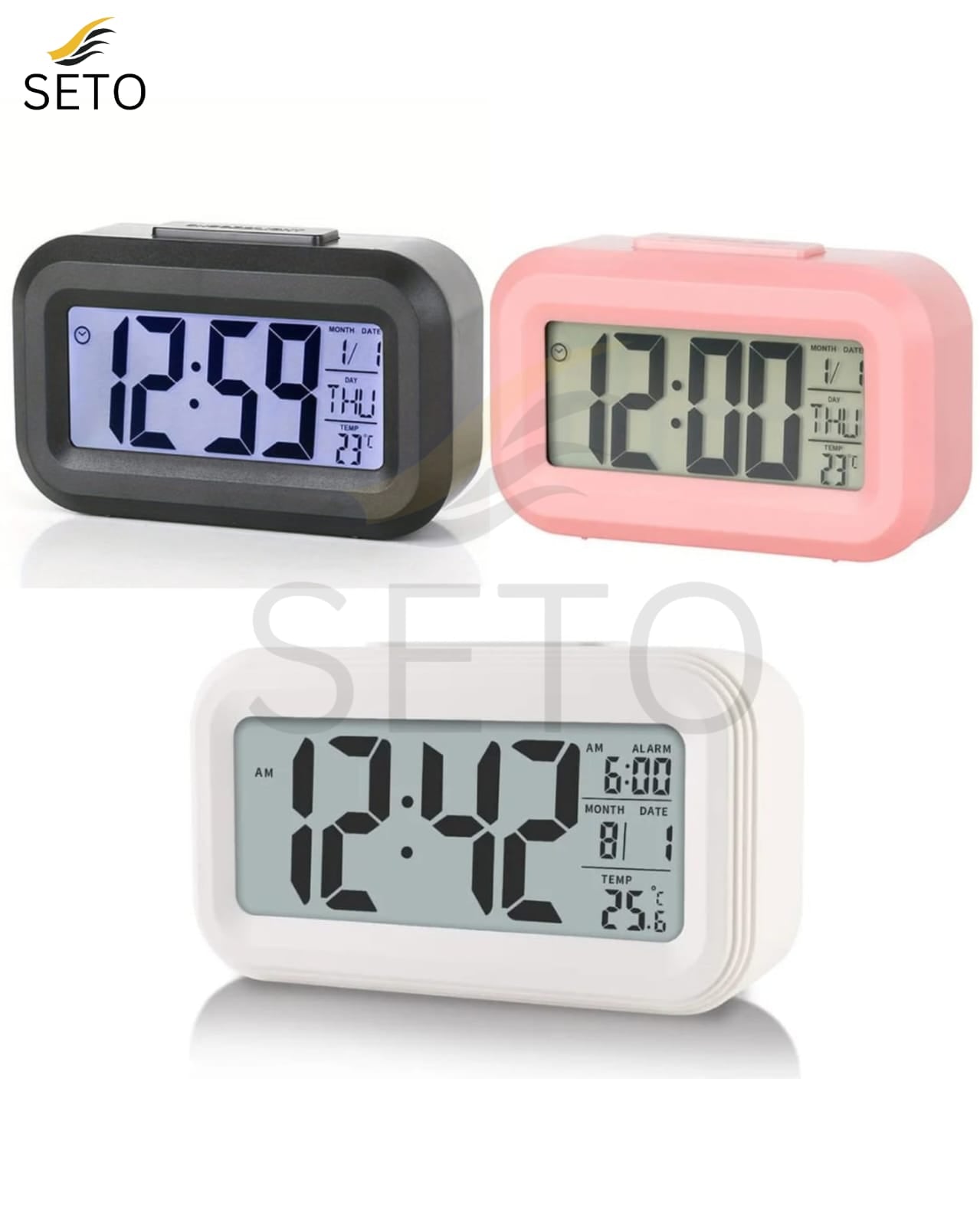 [SETO] LED Digital Alarm Clock | Multifunction Table & Desk Clock with Backlight, Snooze, Date, Time & Calendar Displa