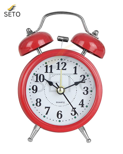 Mini Twin Bell Alarm Clock – Loud Retro Vintage Bedside Table Clock with Silent Quartz Movement – Available in Pink, Green, Blue, Red, White & Black”