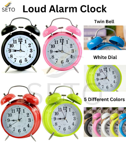 Twin Bell Loud Alarm Clock , Big Dial Metal Frame with LED Backlight, Silent Quartz Sweep Analog Bedside Desk Table Clock, Battery Operated for Home, Office & Bedroom