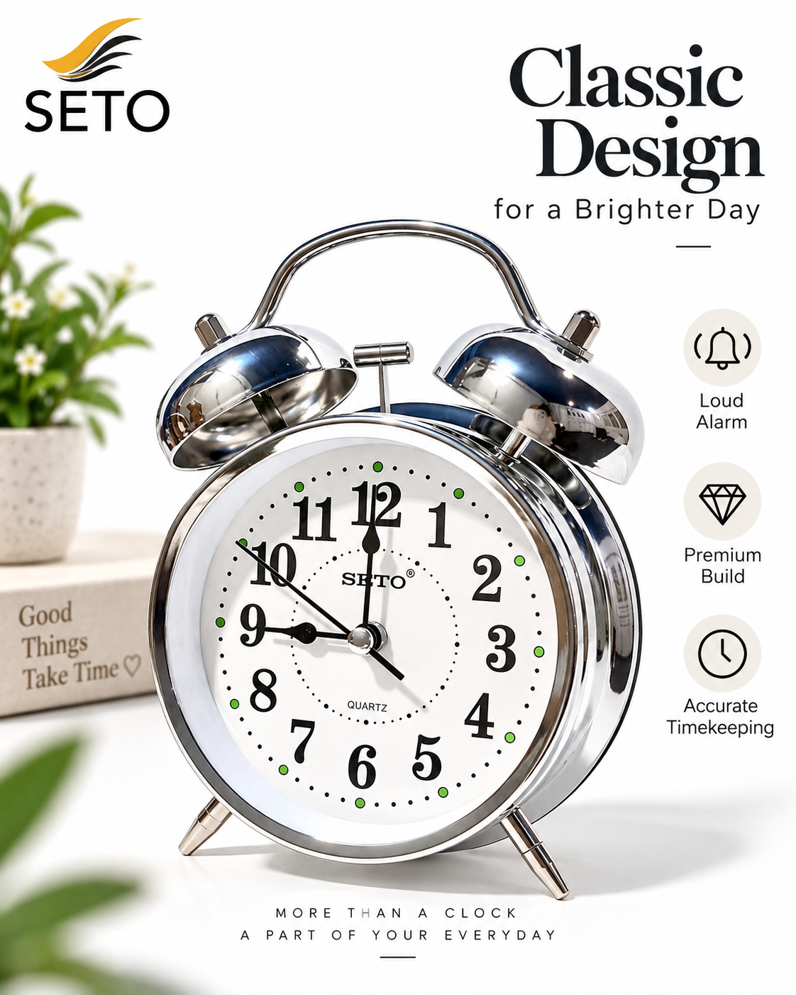 SETO Twin Bell Alarm Clock | Loud Analog Table Clock with Backlight | Classic Metal Bedside Desk Clock | Battery Operated