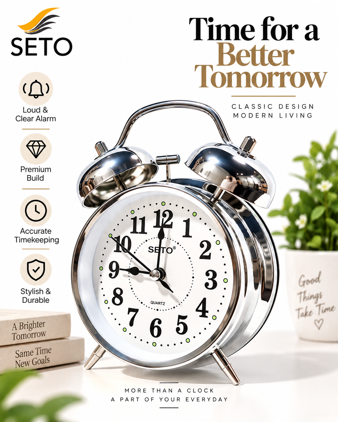 SETO Twin Bell Alarm Clock | Loud Analog Table Clock with Backlight | Classic Metal Bedside Desk Clock | Battery Operated