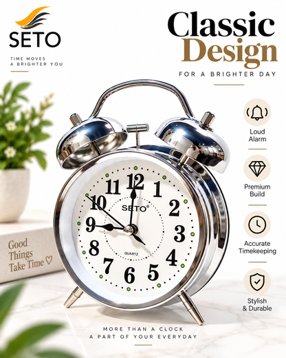 SETO Twin Bell Alarm Clock | Loud Analog Table Clock with Backlight | Classic Metal Bedside Desk Clock | Battery Operated