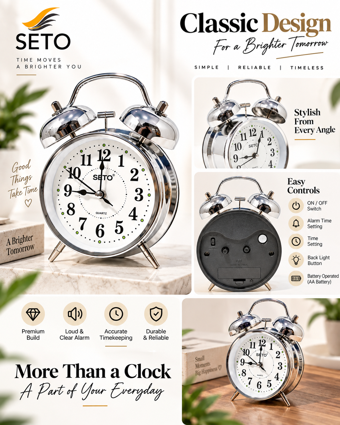 SETO Twin Bell Alarm Clock | Loud Analog Table Clock with Backlight | Classic Metal Bedside Desk Clock | Battery Operated