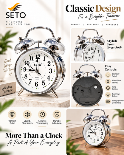 SETO Twin Bell Alarm Clock | Loud Analog Table Clock with Backlight | Classic Metal Bedside Desk Clock | Battery Operated
