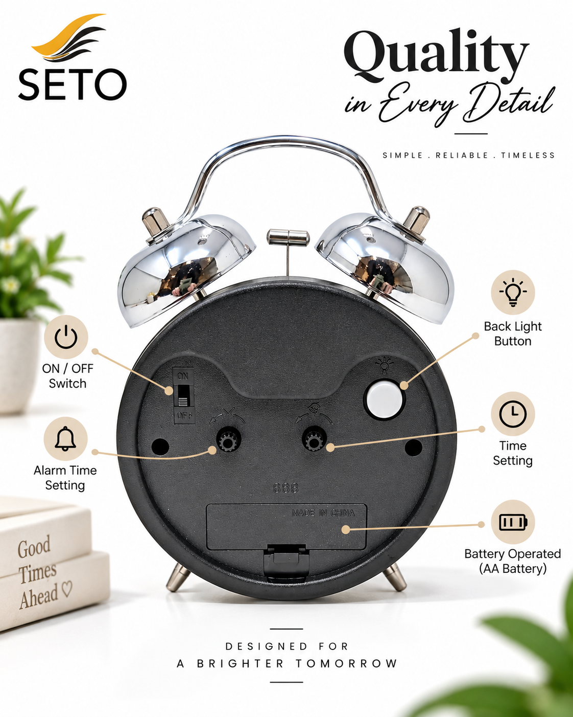 SETO Twin Bell Alarm Clock | Loud Analog Table Clock with Backlight | Classic Metal Bedside Desk Clock | Battery Operated