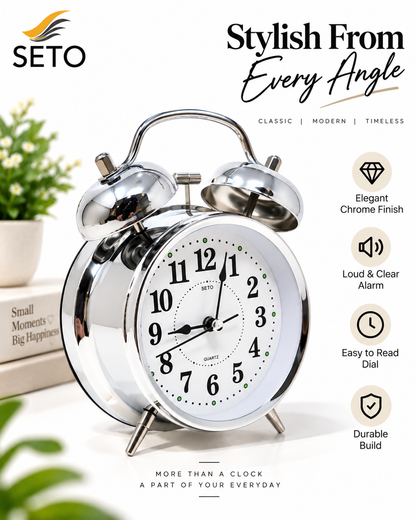 SETO Twin Bell Alarm Clock | Loud Analog Table Clock with Backlight | Classic Metal Bedside Desk Clock | Battery Operated