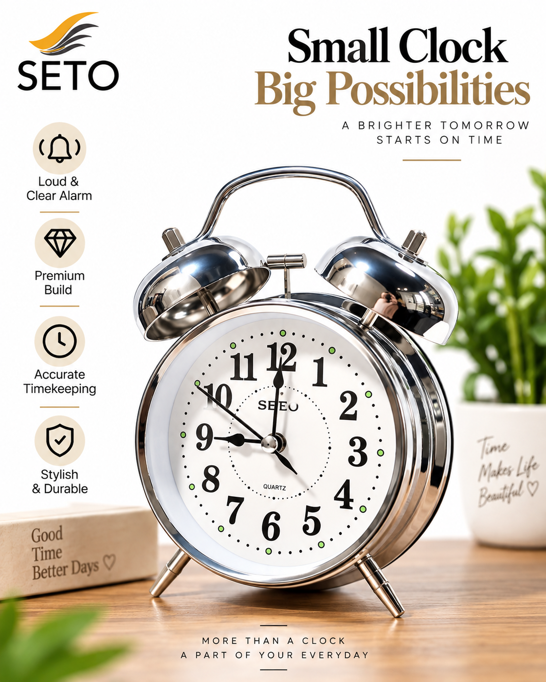 SETO Twin Bell Alarm Clock | Loud Analog Table Clock with Backlight | Classic Metal Bedside Desk Clock | Battery Operated