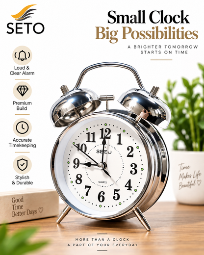 SETO Twin Bell Alarm Clock | Loud Analog Table Clock with Backlight | Classic Metal Bedside Desk Clock | Battery Operated