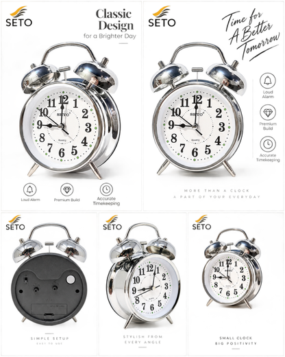 SETO Twin Bell Alarm Clock | Loud Analog Table Clock with Backlight | Classic Metal Bedside Desk Clock | Battery Operated