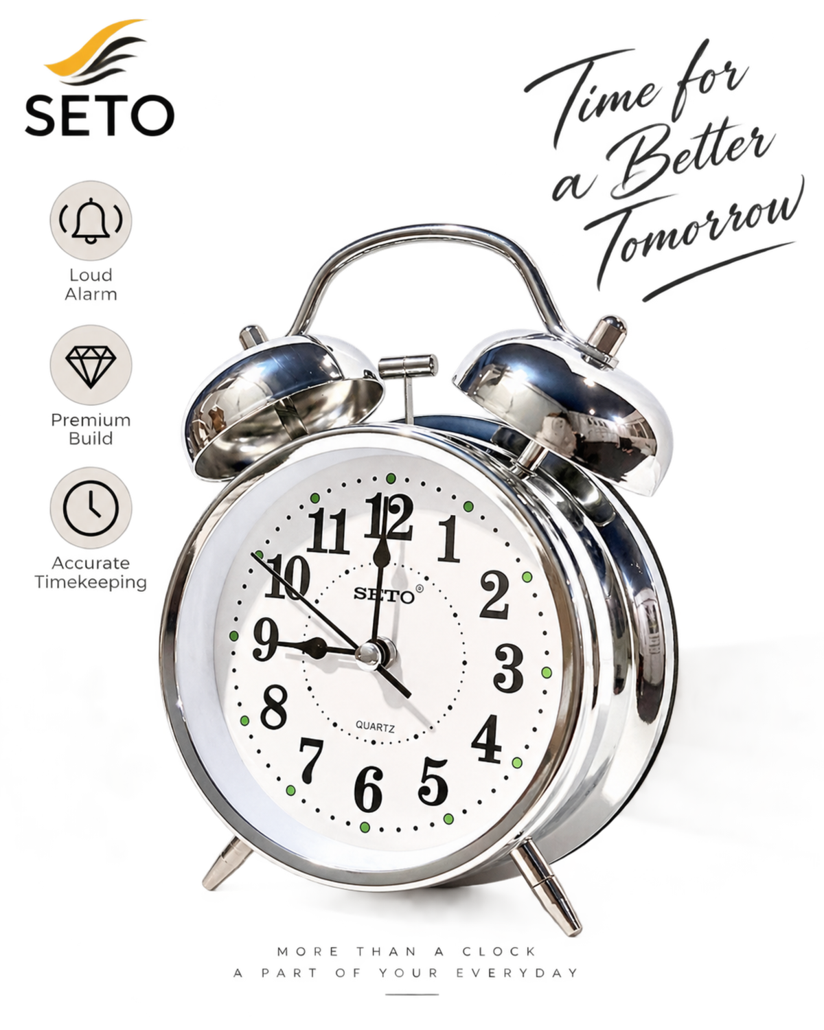 SETO Twin Bell Alarm Clock | Loud Analog Table Clock with Backlight | Classic Metal Bedside Desk Clock | Battery Operated